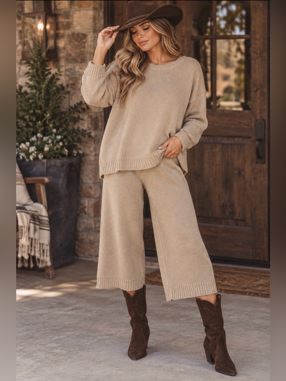 NASTY GAL Cozy Knit Over Sized Seeater With Wide-Leg Pants - Beige